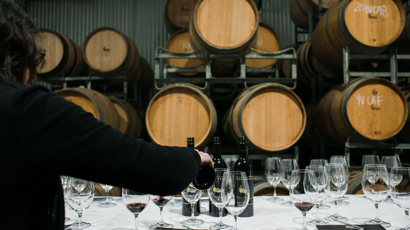 Back view of anonymous sommelier pouring wine from bottle into wineglass while standing at table with glassware in winery against barrels