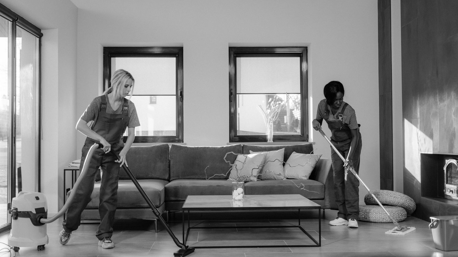 Two women in work clothes cleaning a modern living room using a vacuum and mop.