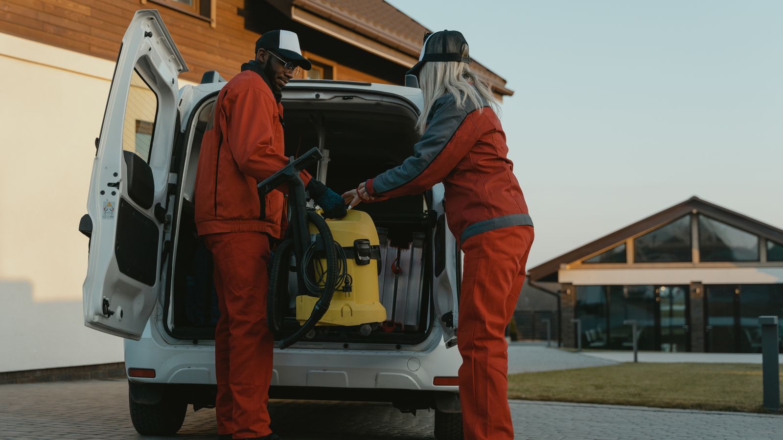 Two cleaners loading a vacuum into a van outside a modern building at dusk.