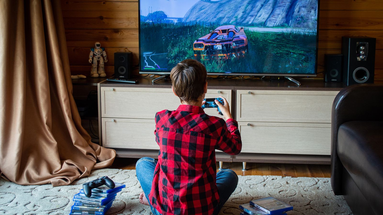 Boy in plaid shirt playing video games on console in a cozy living room setting.