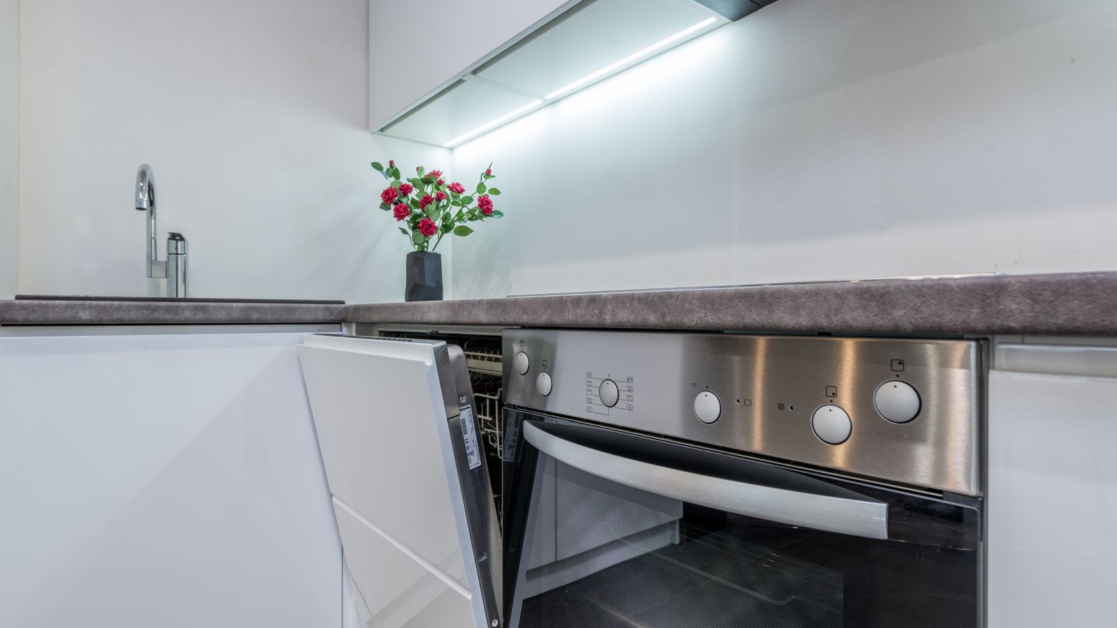 Sleek kitchen interior featuring an open dishwasher and vibrant flowers on the counter.