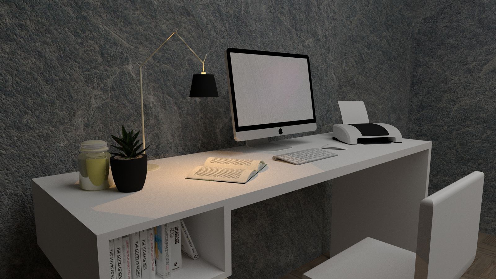 Stylish minimalist home office featuring a computer, books, and modern decor on a white desk.