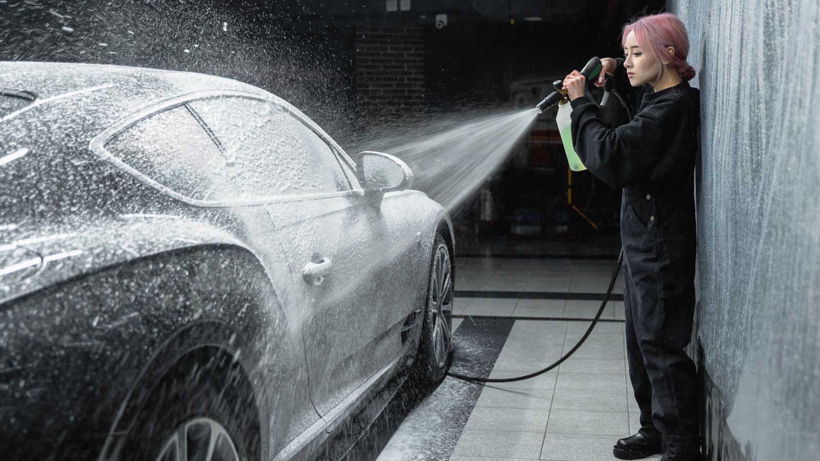 An Asian woman using a pressure washer to clean a car at an indoor car wash facility.