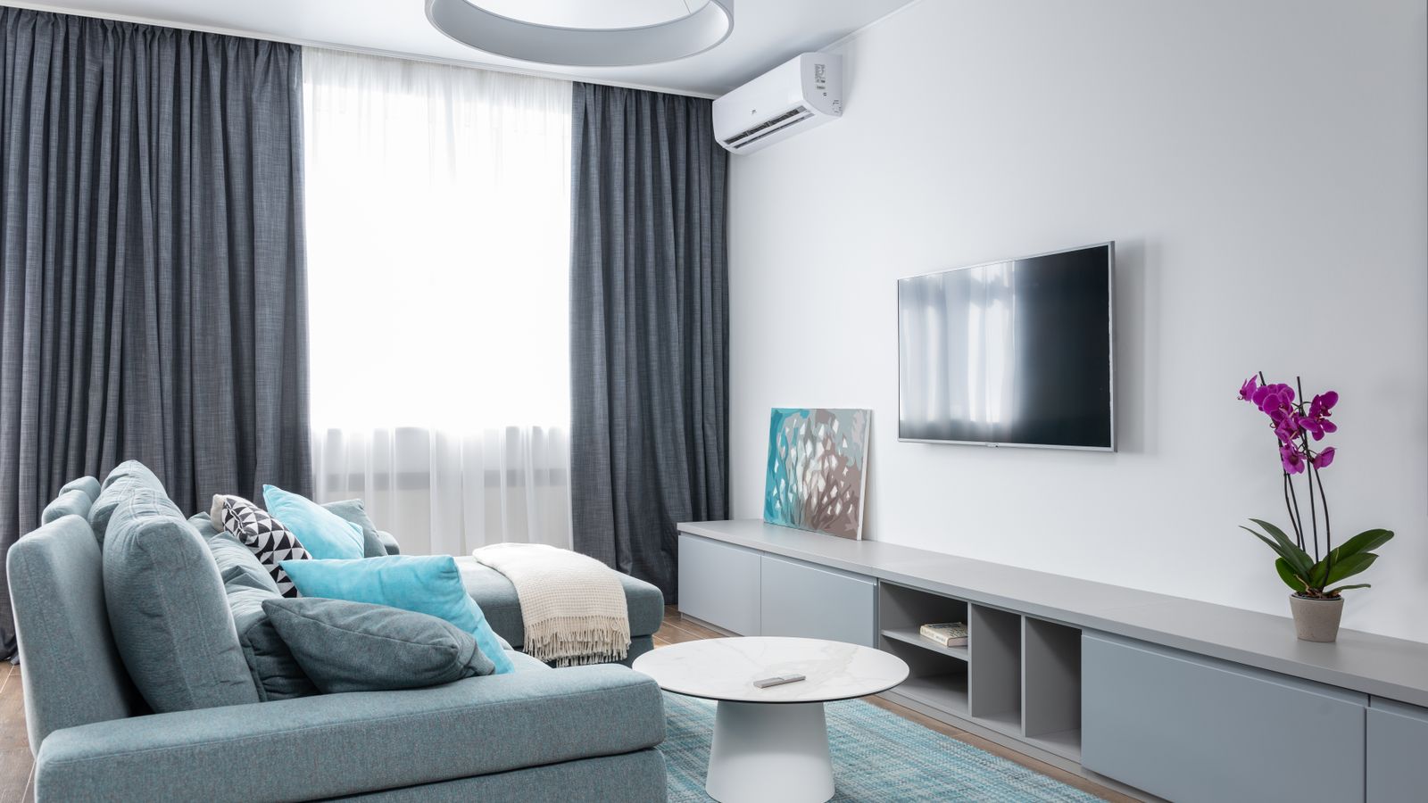 Interior of modern living room with TV on wall and blooming potted flower with picture on shelf