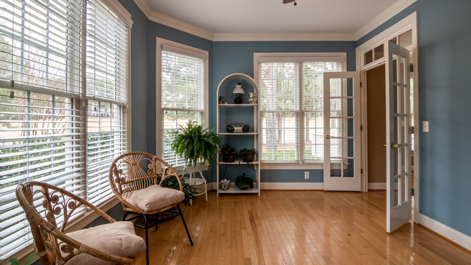 Bright and inviting room with wooden flooring, rattan chairs, and natural lighting through large windows.