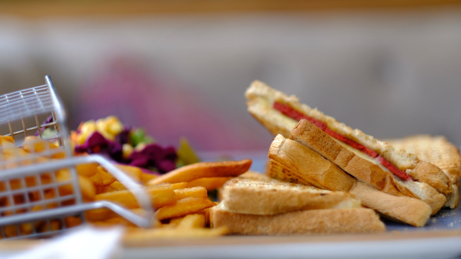 A delectable toasted sandwich paired with crispy golden French fries, perfect for a lunch snack.