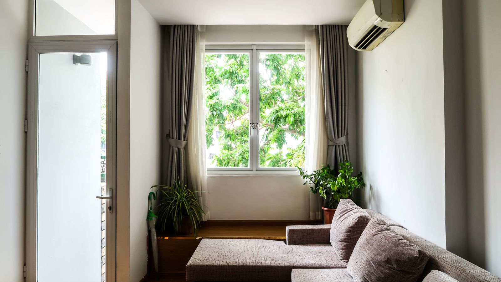Bright living room with a cozy sofa, indoor plants, and a large window with curtains.
