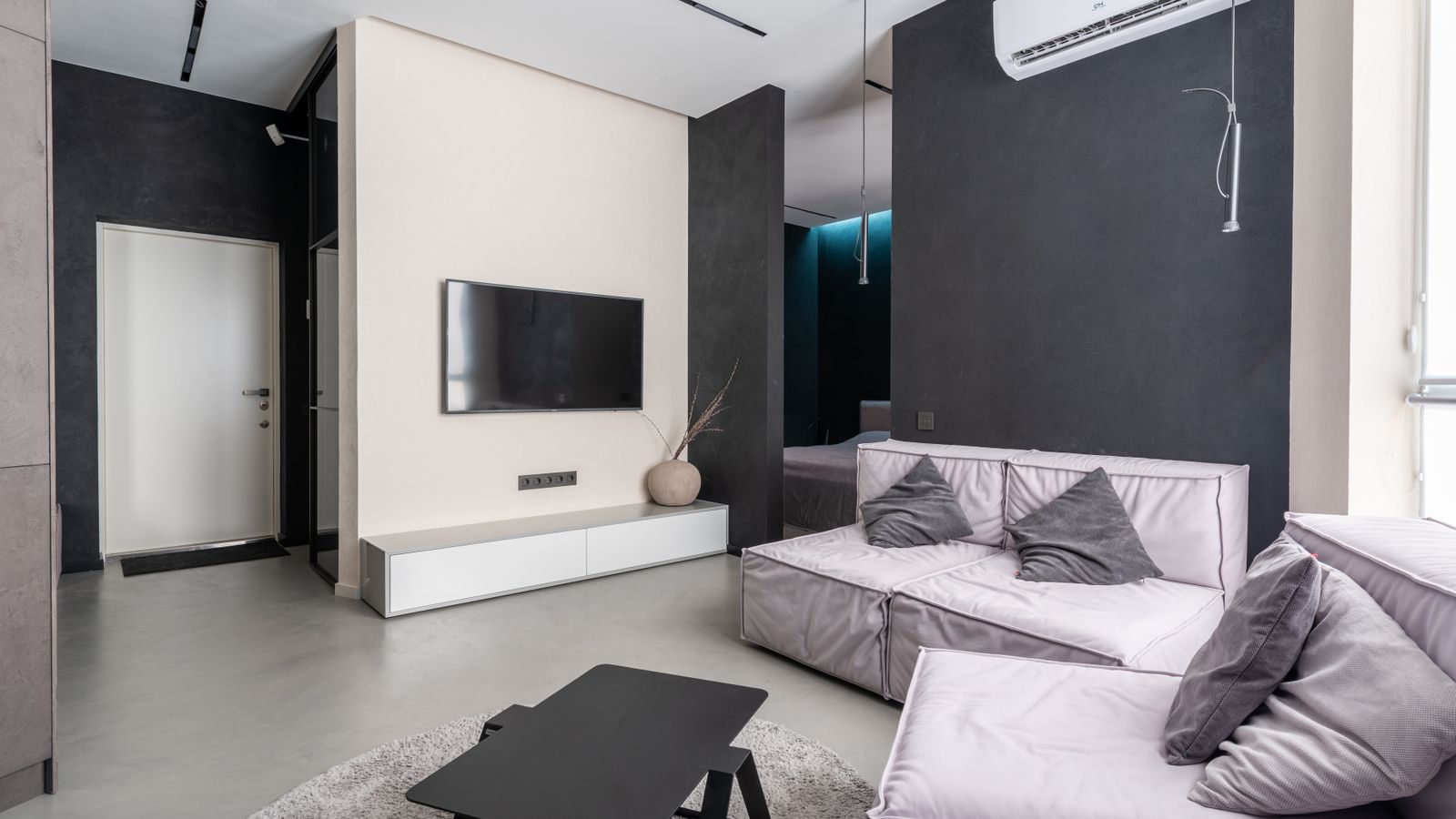 Interior of contemporary spacious living room with comfortable soft couches with cushions and TV set on wall